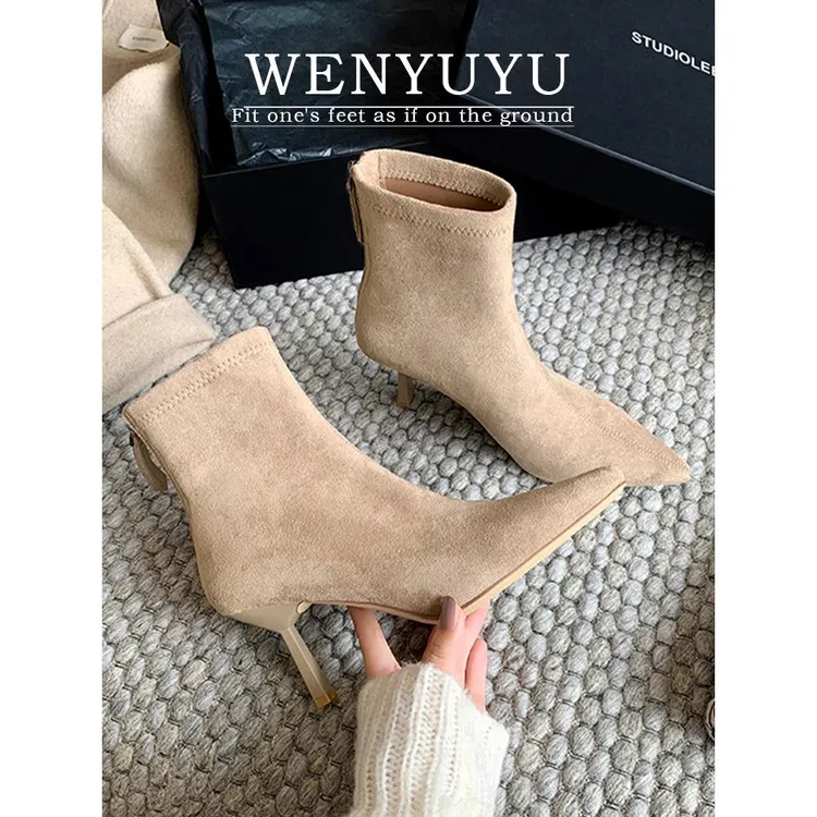 温与屿法式尖头细跟弹力瘦瘦靴2025秋冬新款绒面气质百搭增高显瘦