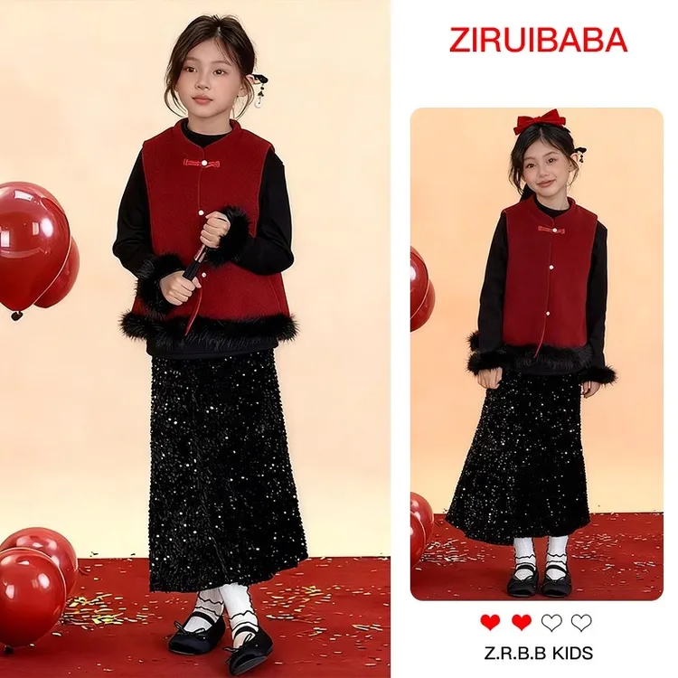 女童冬季套装2026新款儿童休闲洋气新中式国风拜年服马甲三件套潮