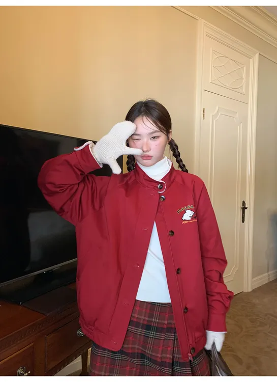 美式复古刺绣毛毛外套女秋冬2025新款小个子宽松加厚夹棉保暖棉服
