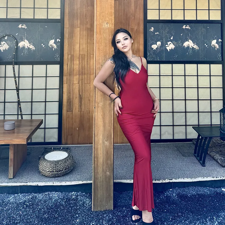 BBWootd微胖大码性感吊带红色步步生莲气质鱼尾裙裙子连衣裙