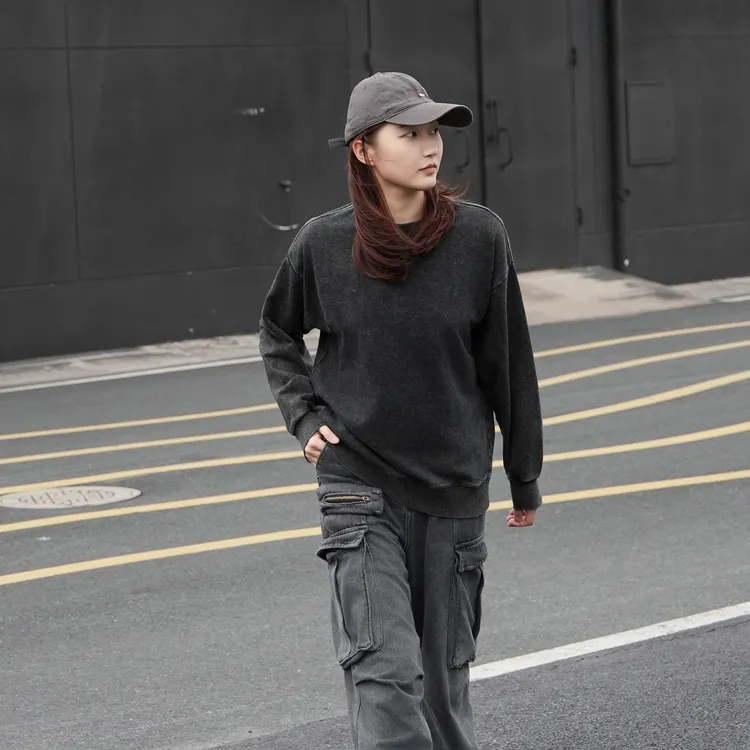 VB做旧水洗卫衣男圆领水洗情侣款秋冬脏染卫衣长袖套头宽松情侣