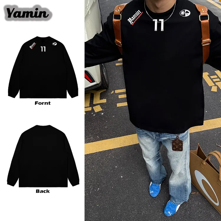数字11领花小众美式复古印花潮牌美式宽松重磅长袖T恤男女同款