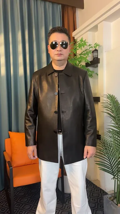 真皮头层山羊皮鹿皮纹男款男士夹克外套时尚百搭潮流立领新款黑色