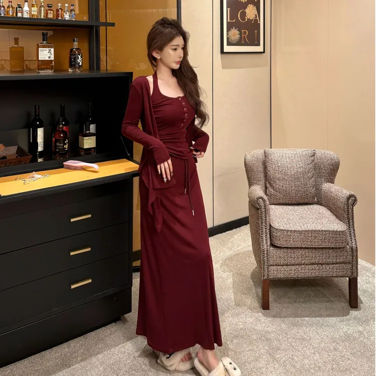 GUIDI GUDI【巢都】红色性感显瘦挂脖半裙慵懒三件套套装/黄加蓝