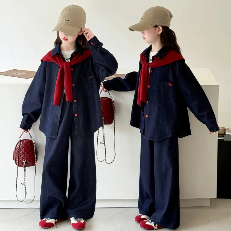 女童秋季套装2025新款中大童6-12岁儿童春秋时尚洋气韩系牛仔套装