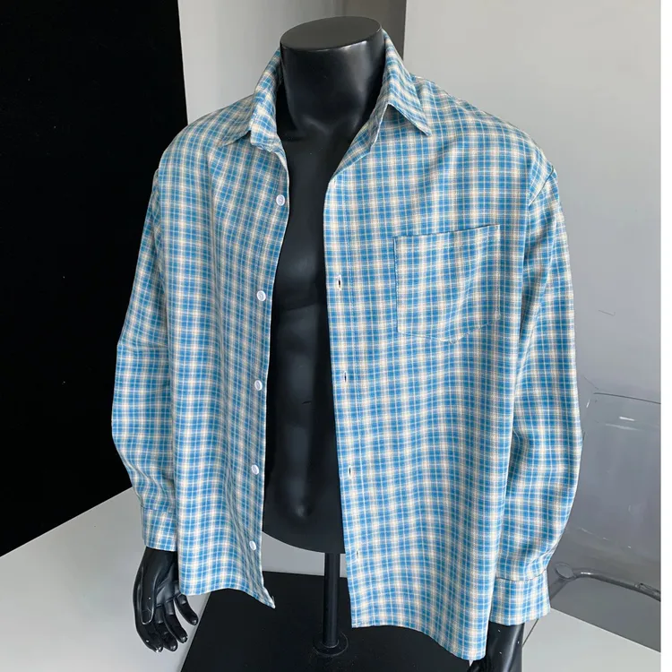 港风蓝白格子衬衫长袖男女春秋上衣外套ins潮牌情侣复古高街衬衣