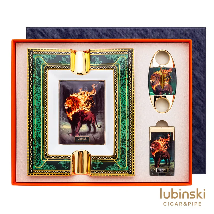 LUBINSKI火狮雪茄剪三件套防风打火机陶瓷烟灰缸鲁宾斯基工具套装