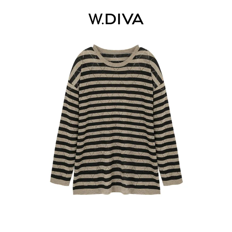 W.Diva【雅颂】菱格镂空真丝羊毛横条圆领长袖针织衫53Z172977