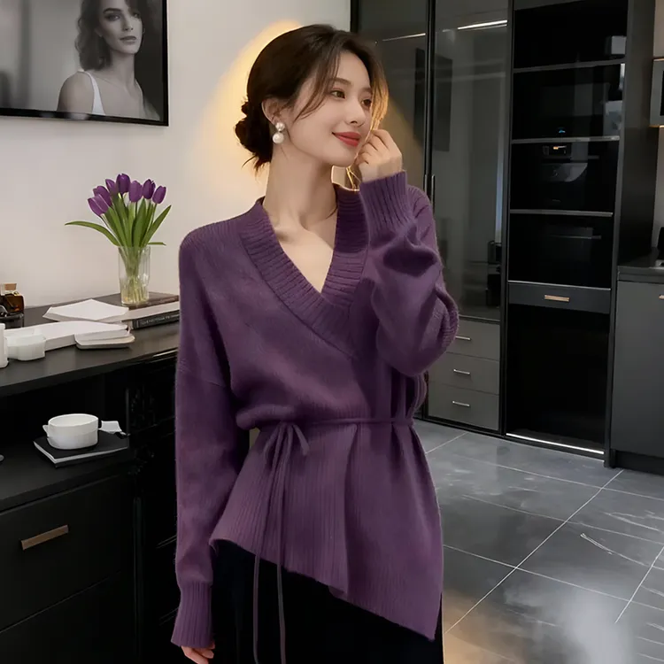 高级感紫色V领毛衣女2025新款冬季不规则系带收腰显瘦针织衫上衣