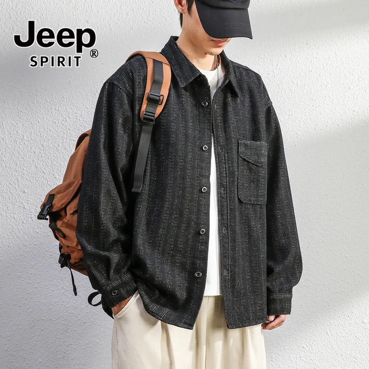 JEEPSPIRIT吉普暗纹磨毛衬衫男士长袖宽松春秋季美式复古条纹衬衣