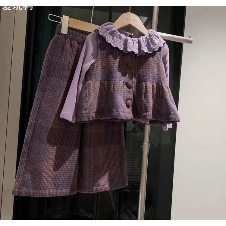 女童秋装套装新款格子马甲阔腿裤三件套洋气秋冬款童装jk