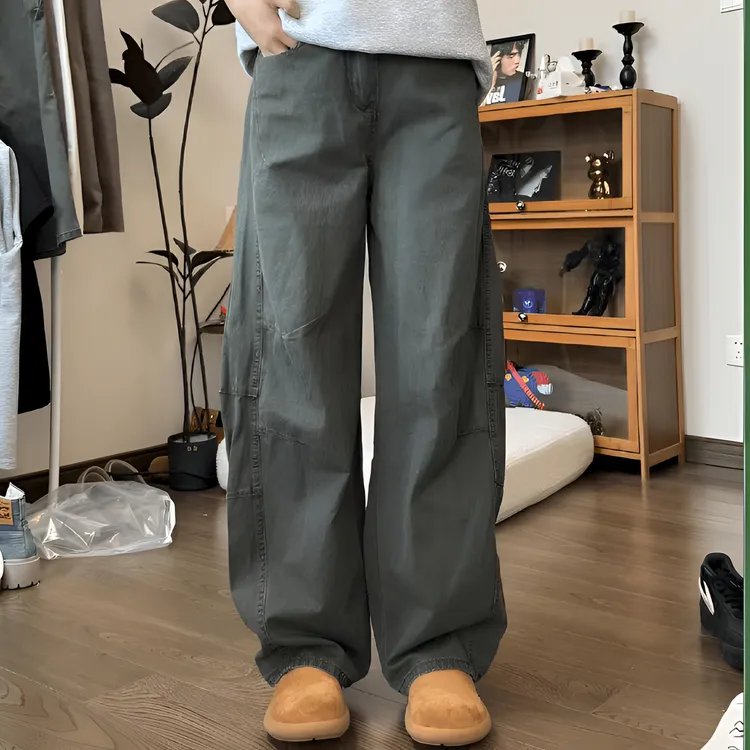 NOMIO春夏美式复古洗褪baggy阔腿工装裤男女宽松直筒弯刀裤长裤子