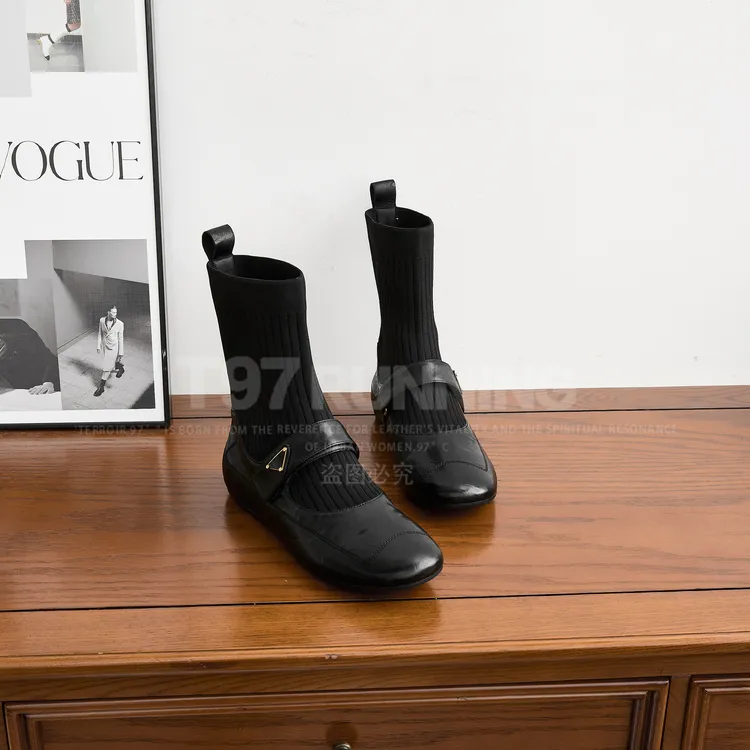 2025秋冬新款法式圆头平跟欧洲站针织一脚蹬瘦瘦靴裸靴X0335