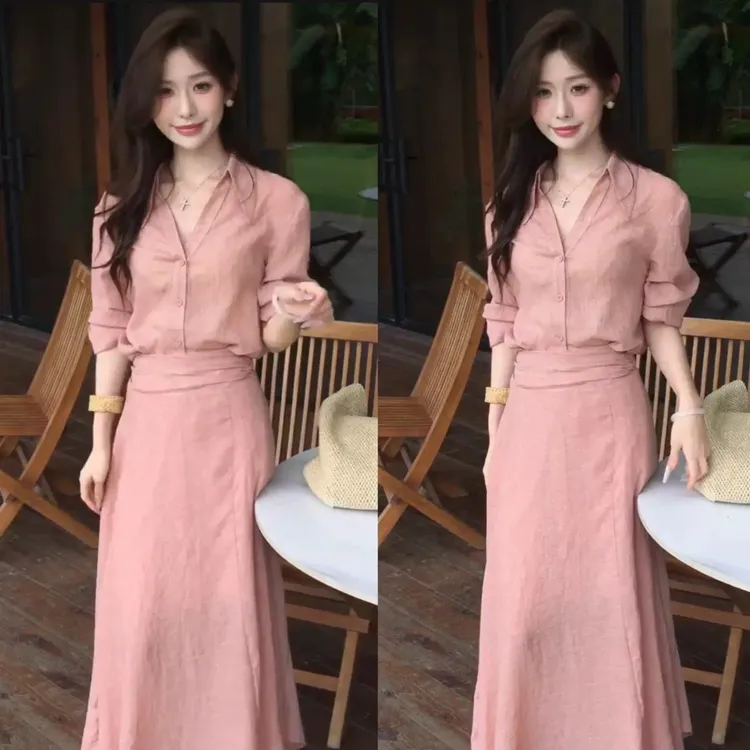 法式复古粉色套装裙V领宽松长袖防晒衬衫上衣高腰半身裙两件套女