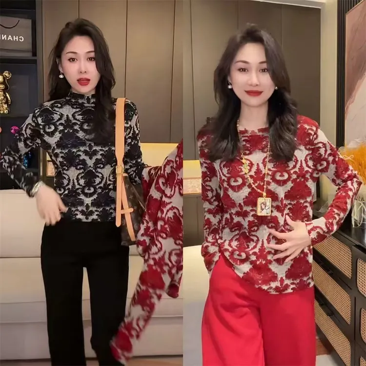 网红时尚薄款印花长袖衫女新年红色百搭显瘦套头气质提花减龄T