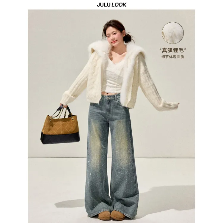 巨鹿工作室“休闲小羊”微胖mm连帽毛衣外套吊带牛仔裤大码套装