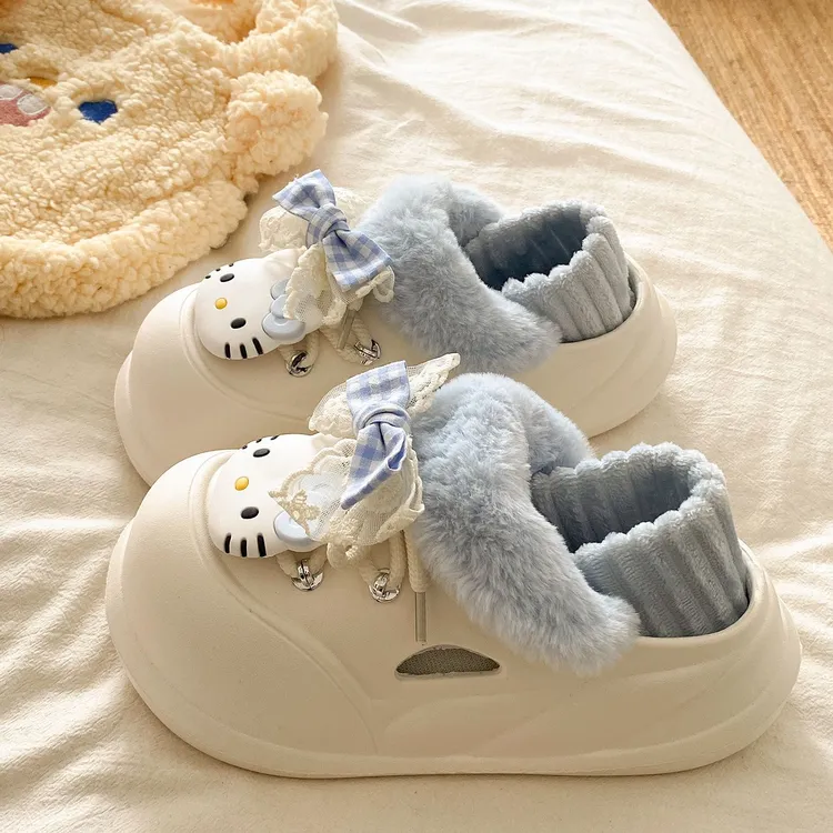 可拆卸EVA棉拖冬季新款蝴蝶结小猫外出软底保暖全包棉拖鞋女生
