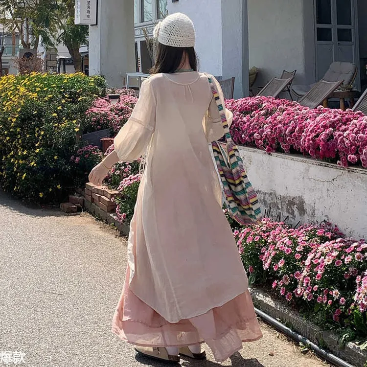 大码女装春季新款胖新中式国风盘扣长袖连衣裙宽松显瘦两件套装