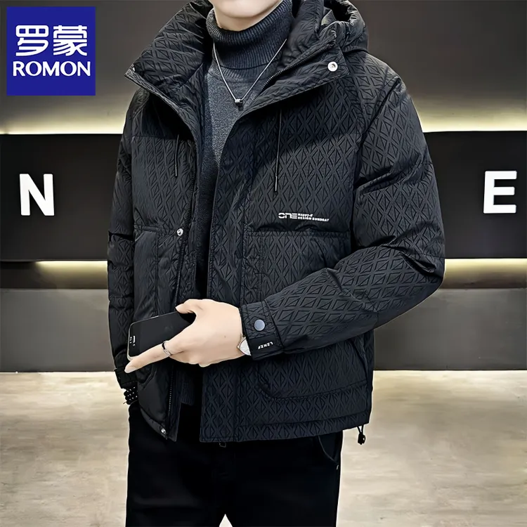 罗蒙羽绒服2025年冬季男款连帽菱形格潮流百搭帅气修身保暖外套男
