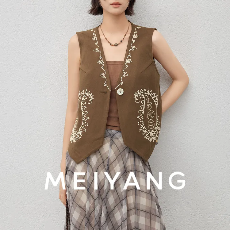 A美洋MEIYANG佩斯利马甲商场同款夏季出行绣花V领花边无袖马夹女