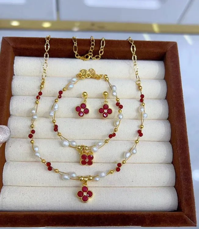 钛钢项链 女款气质原创设计女红色三件套00053明星同款饰品