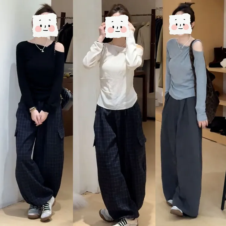 早秋新款韩系斜肩纯色长袖上衣打底衫休闲格子阔腿裤百搭两件套