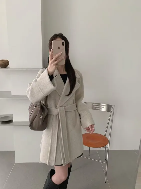 双面羊毛大衣女2025秋冬新款韩系气质高级赫本系带小个子毛呢外套