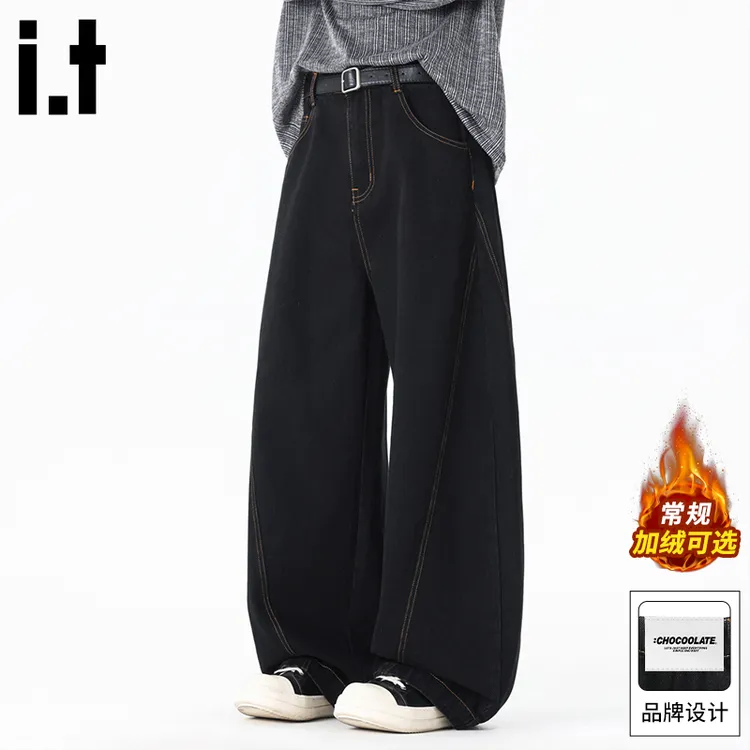 it :CHOCOOLATE黑色牛仔裤男新款冬季加绒潮牌休闲裤慵懒阔腿长裤