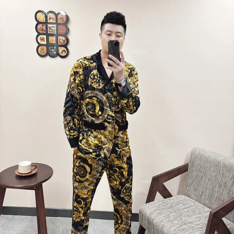 大码男士钻石绒睡衣套装休闲时尚2025高品质金丝绒可外穿家居服潮