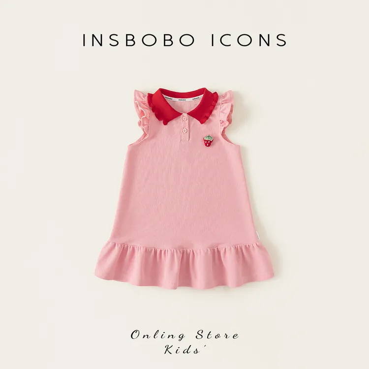 INSbobo女童学院风连衣裙夏季新品草莓标领子撞色连衣裙XQ25094