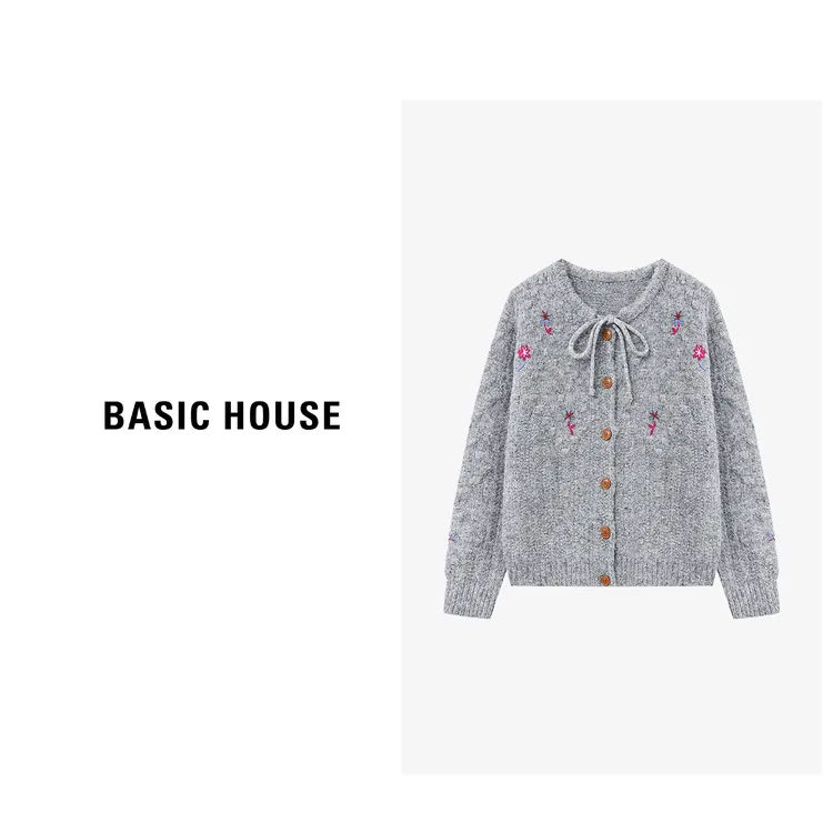 Basic House/百家好刺绣系带开衫毛衣女2025秋冬单排扣温柔风外套