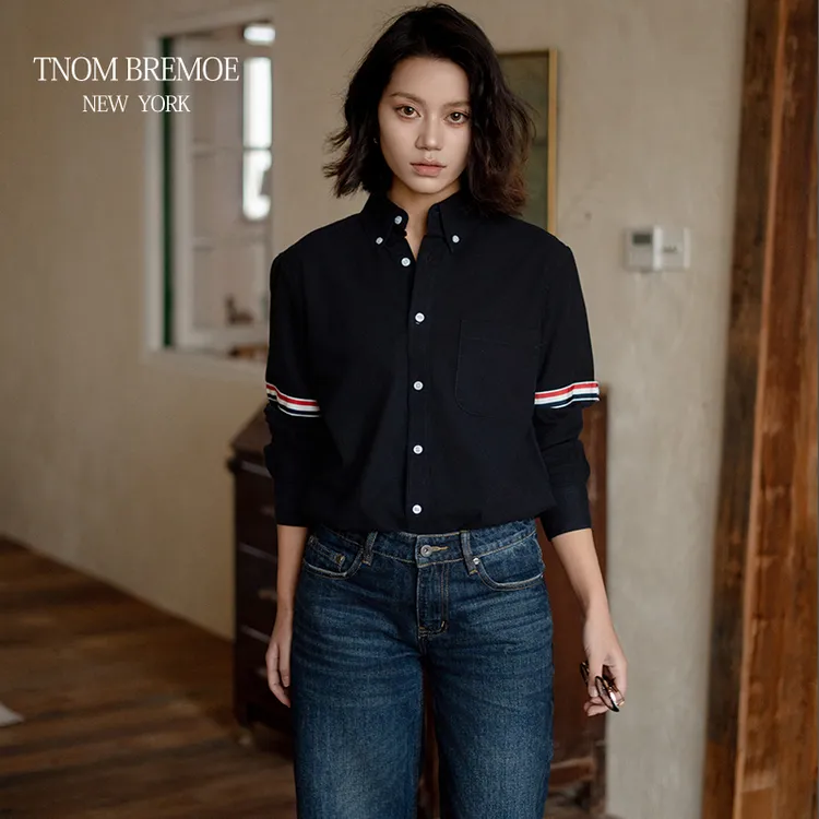TNOM  BREMOE2025 TB新款男女同款花边时尚休闲气质条纹长袖衬衫