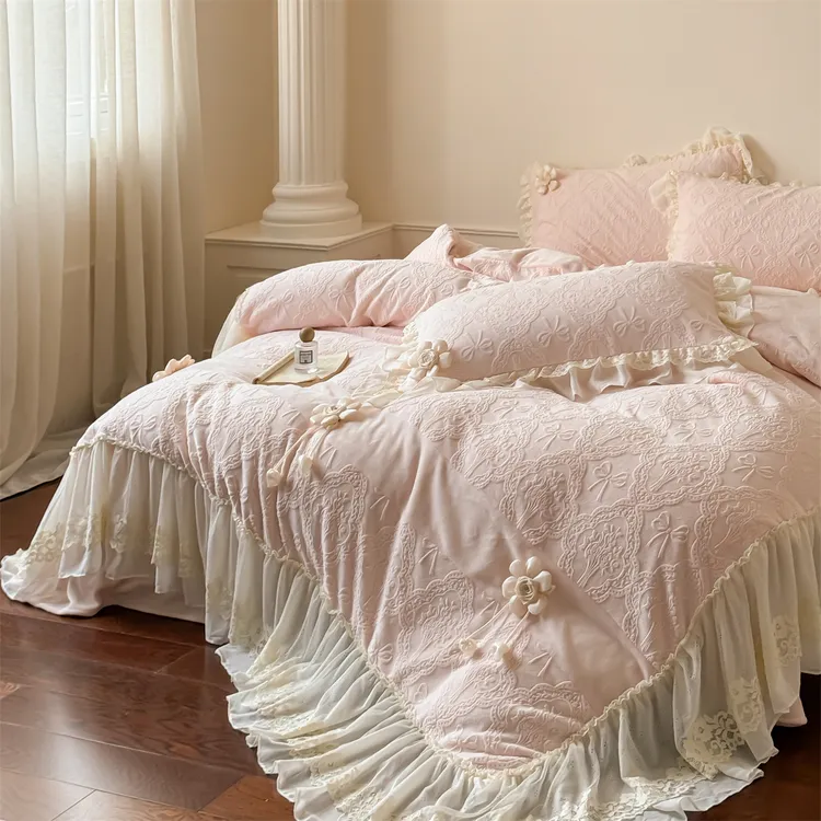 富安娜法式雕花牛奶绒四件套花边加厚保暖公主风蕾丝裙边床裙床盖