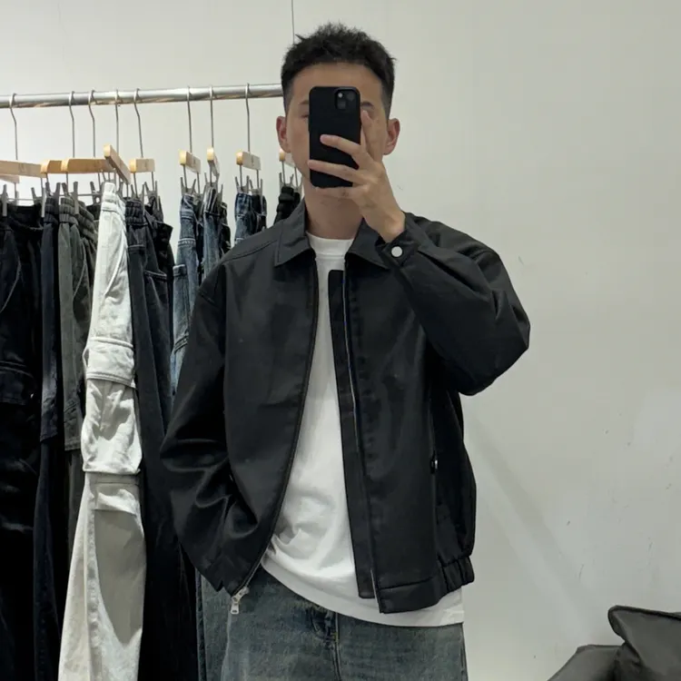 男士秋季高品质简约翻领款皮衣外套