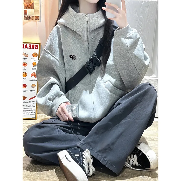 廓形开衫卫衣外套女春秋薄款美式复古慵懒风拉链连帽衫上衣国潮牌