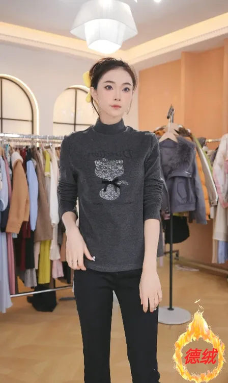 F3091【德绒】猫咪半高领T恤女冬季新款时尚显瘦休闲百搭减龄上衣