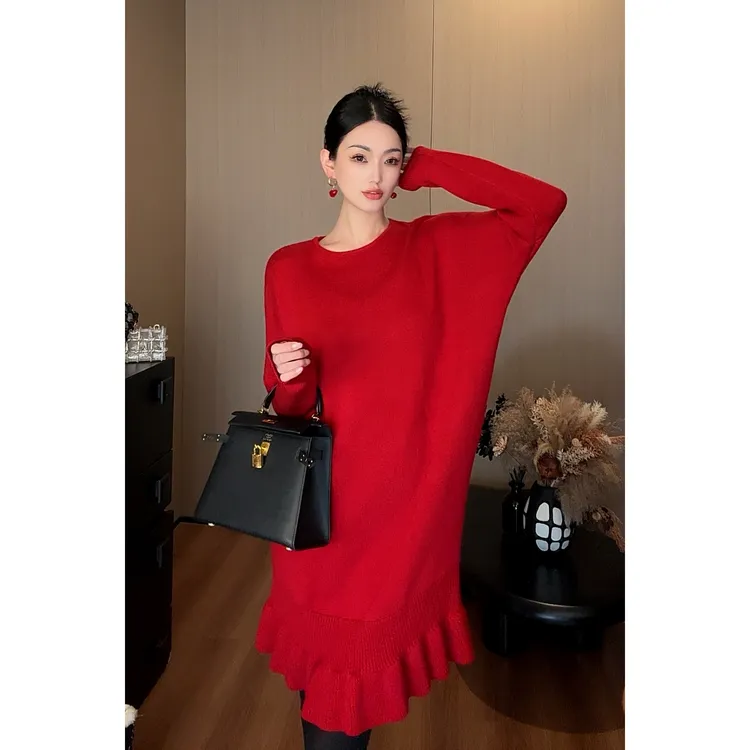 紫紫 山本  时尚气质秋冬针织鱼尾中长款宽松连衣裙ZC12MZHJ557