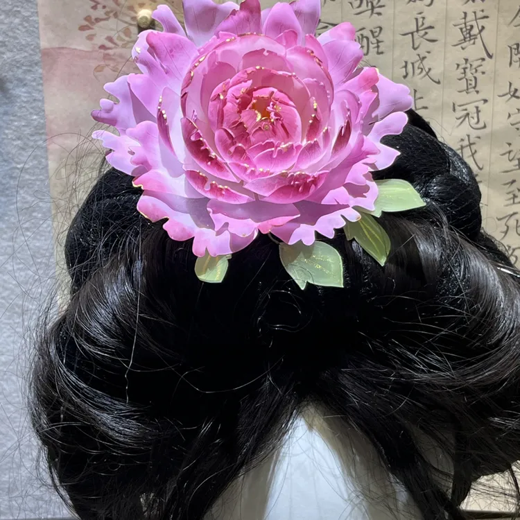 半热缩牡丹花发夹偏红色