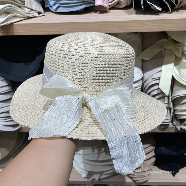 夏天复古遮阳平顶草帽女蝴蝶结防紫外线太阳帽时尚潮气质防晒帽子