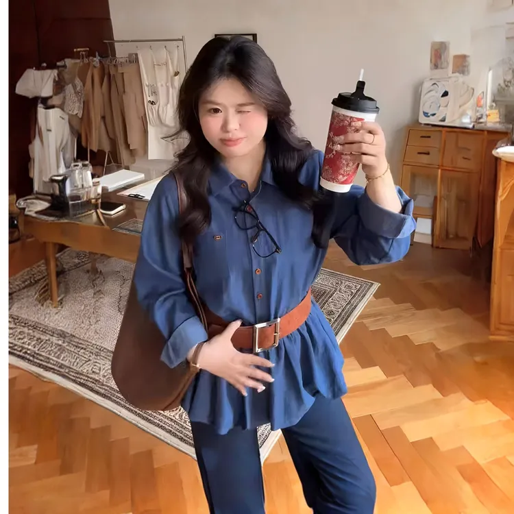 大码胖妹妹韩系减龄显瘦仿牛仔衬衫女2025秋季新款显瘦长袖上衣女