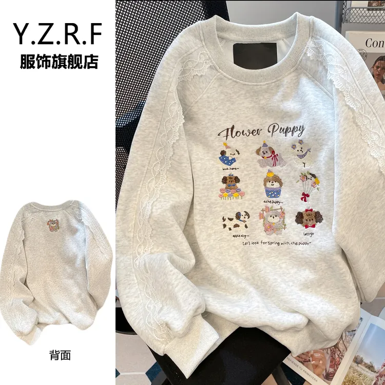 灰色重工卡通刺绣小狗卫衣女2025新款秋冬套头上衣白首方悔读书迟