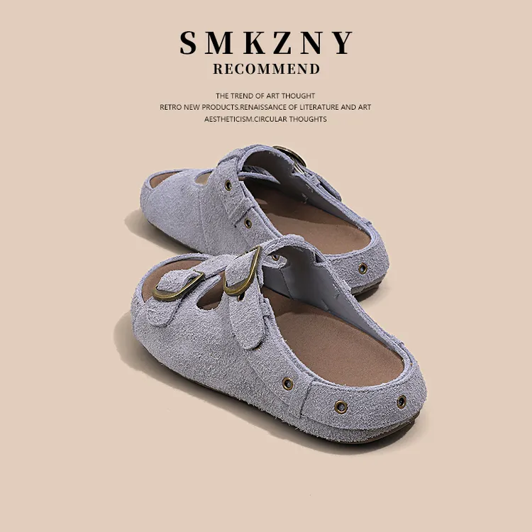 真皮复古一字拖鞋女夏天外穿2025新款好看绝美不累脚凉鞋-93-5068