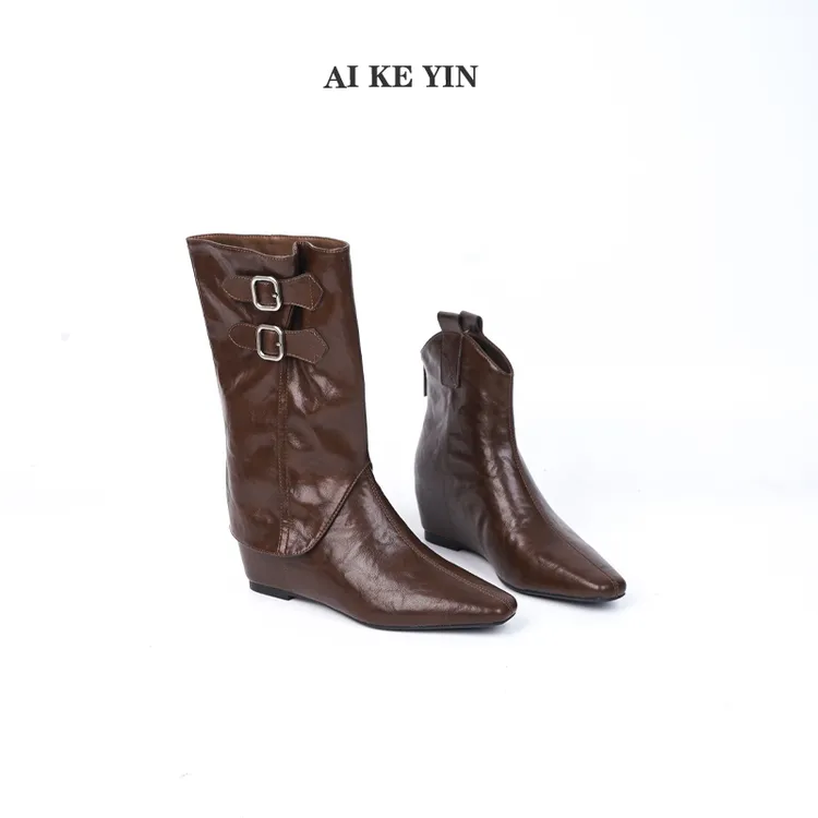 【艾珂茵】秋冬新款方头内增高后拉链两穿时装靴薄绒气质百搭时尚