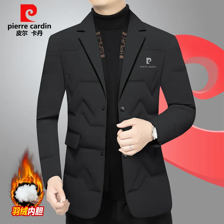 皮尔卡丹冬季高档定制羽绒西装外套轻薄休闲男士立领工装羽绒服