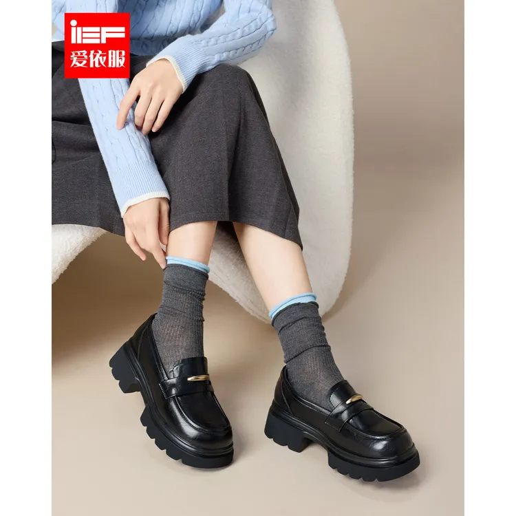 IEF/爱依服2025冬季新款英伦风厚底乐福鞋女小皮鞋金属扣粗跟单鞋