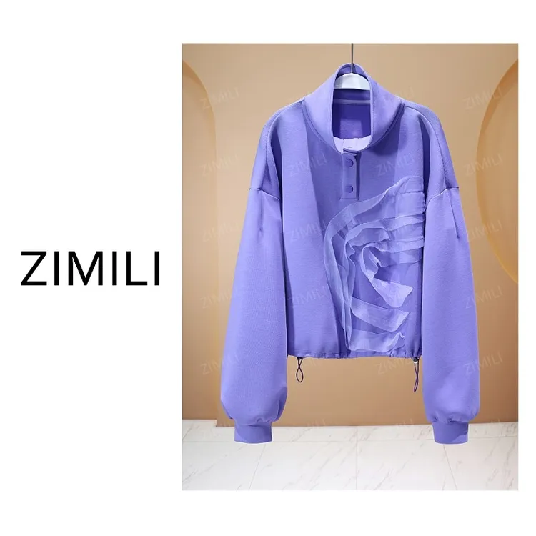 【亮哥女装】2025秋冬新品《静谧》藤紫色蕾丝装饰高领卫衣5827-K2