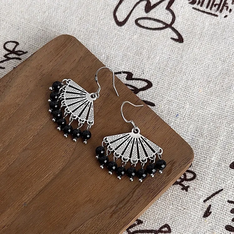 铜合金耳饰 民族风实物很美~扇形流苏黑色气质优雅耳饰手工耳环