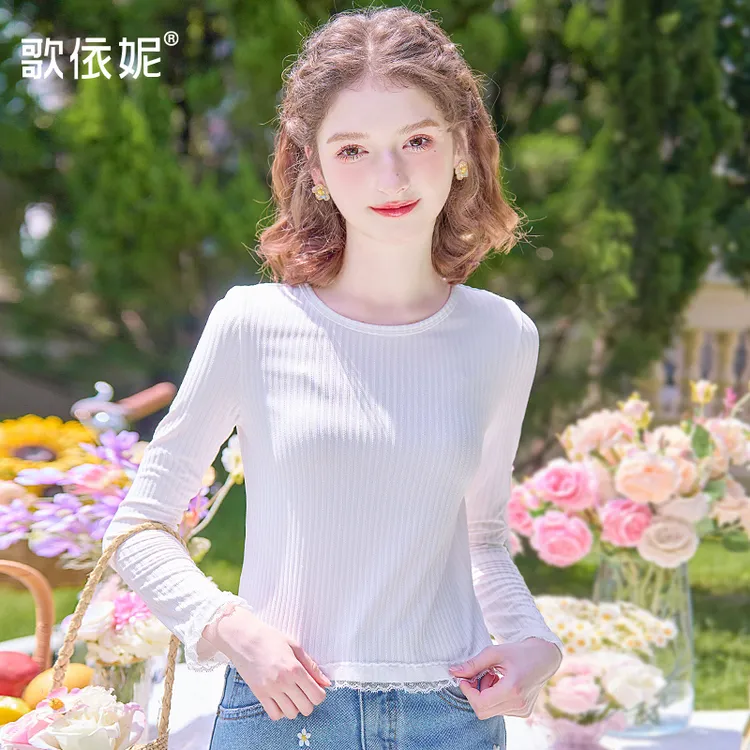 歌依妮秋冬季新款甜美白色显瘦正肩蕾丝打底衫女内搭长袖T恤上衣