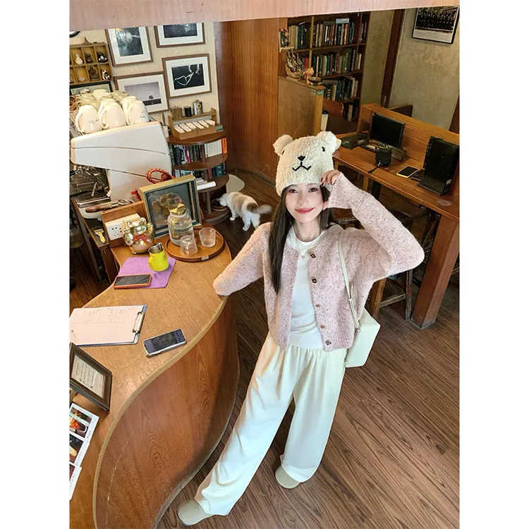 2025秋冬时尚套装高级感洋气纽扣长袖毛衣上衣高腰垂感直筒裤长裤