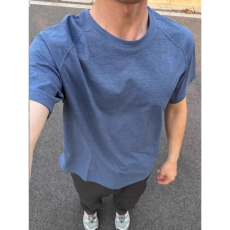 雾霾蓝冰丝速干短袖男夏季弹力健身运动t恤跑步骑行训练服半截袖